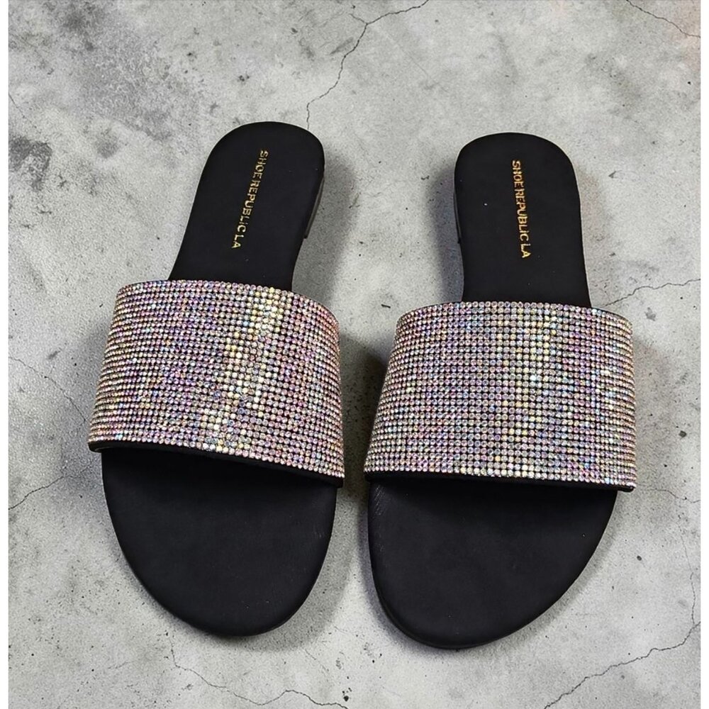 Rhinestone Embellished Slide Sandals Black Sole Multicolor Sparkle Band